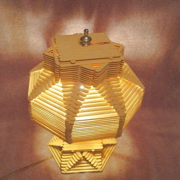 60s Vtg Popsicle Stick Table Lamp with Shade Wired Folk Art Tramp Art Boho MCM - Picture 3 of 12